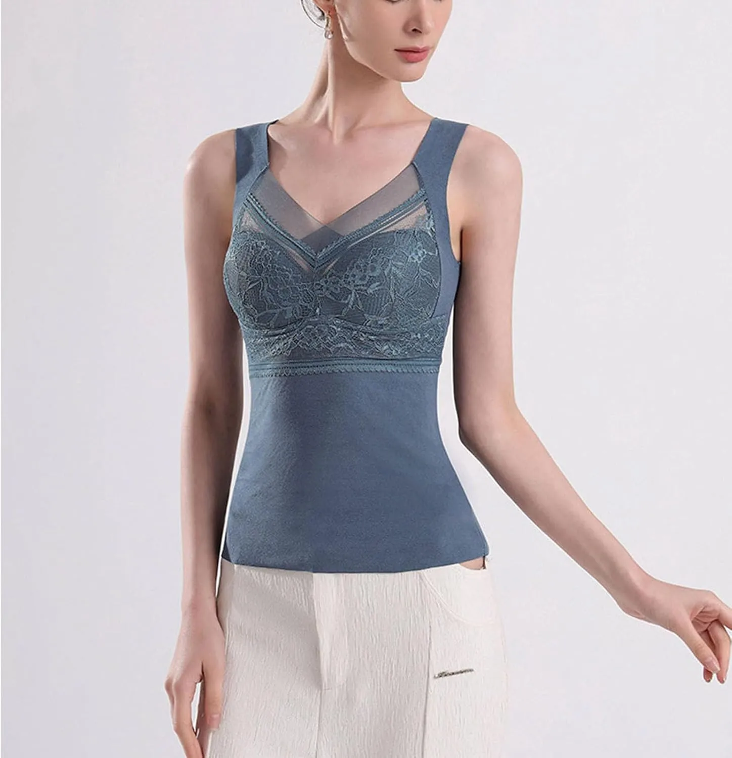 Womens Sleeveless Thermal Tank Tops Comfy Lace Warm Camisole Basic Thin Comfy Underwear Fall Baselayer V Neck Vest