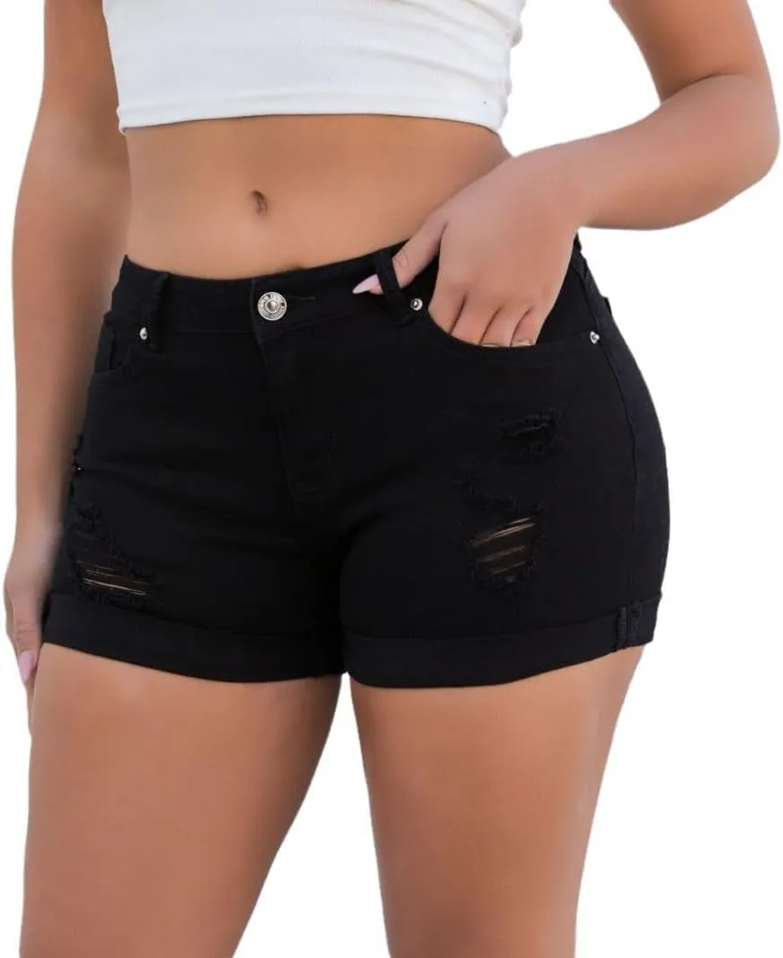 Womens Stretchy Denim Shorts Mid Rise Curvy Fit Folded Hem Jean Shorts