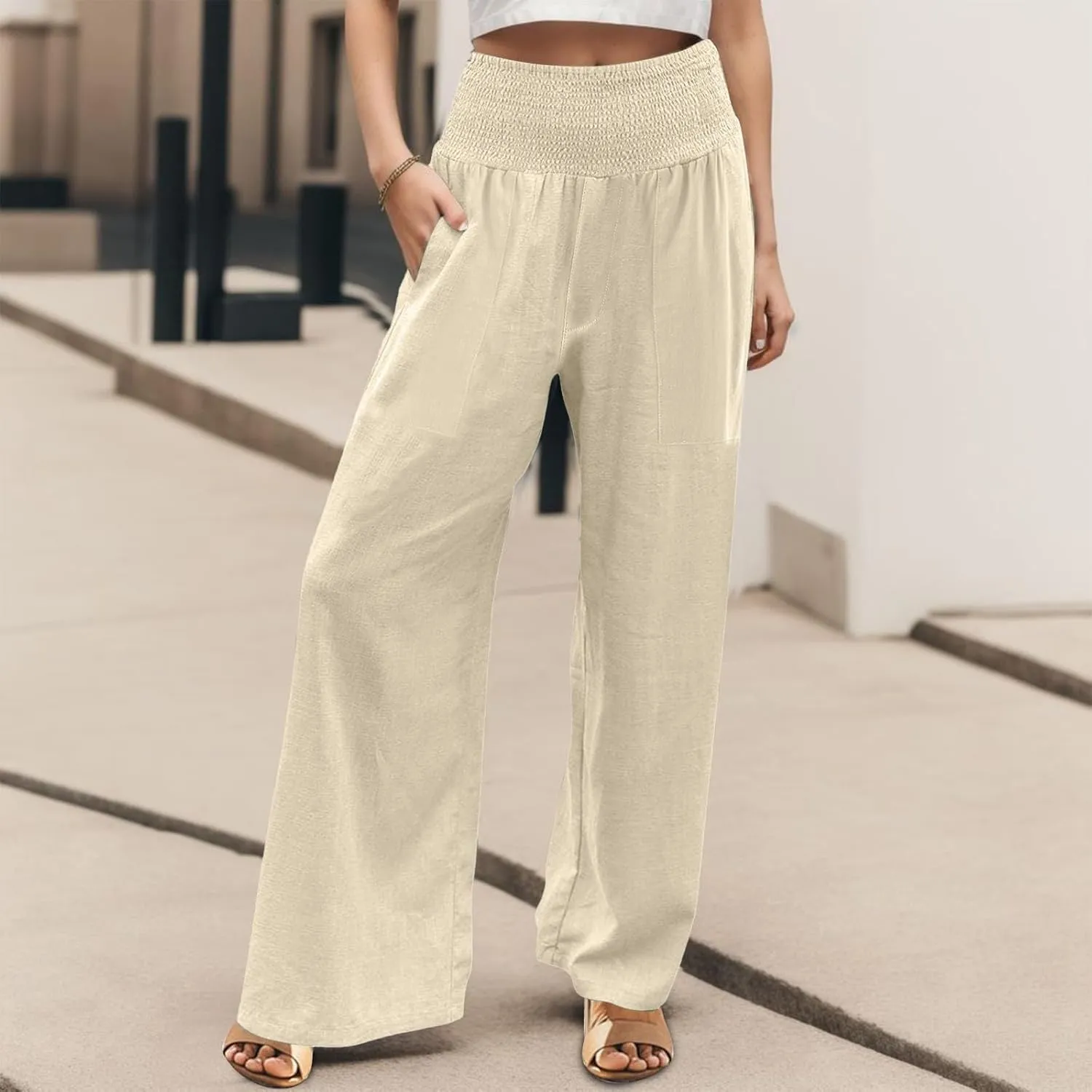 Womens Summer Cotton Linen Palazzo Pants Casual Drawstring Elastic Waist Wide Leg Trousers Beach Vacation Outfits