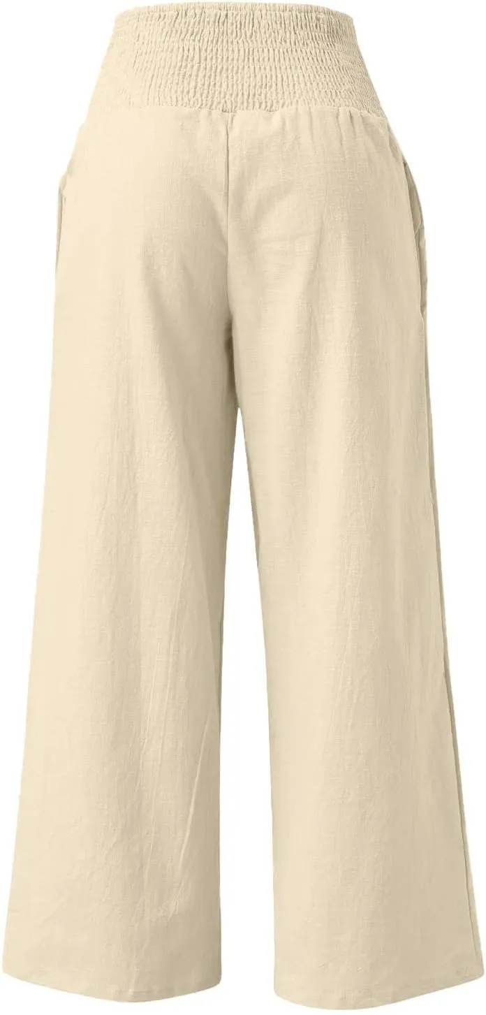 Womens Summer Cotton Linen Palazzo Pants Casual Drawstring Elastic Waist Wide Leg Trousers Beach Vacation Outfits