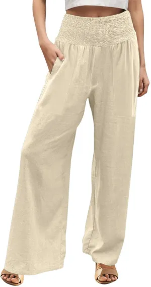 Womens Summer Cotton Linen Palazzo Pants Casual Drawstring Elastic Waist Wide Leg Trousers Beach Vacation Outfits