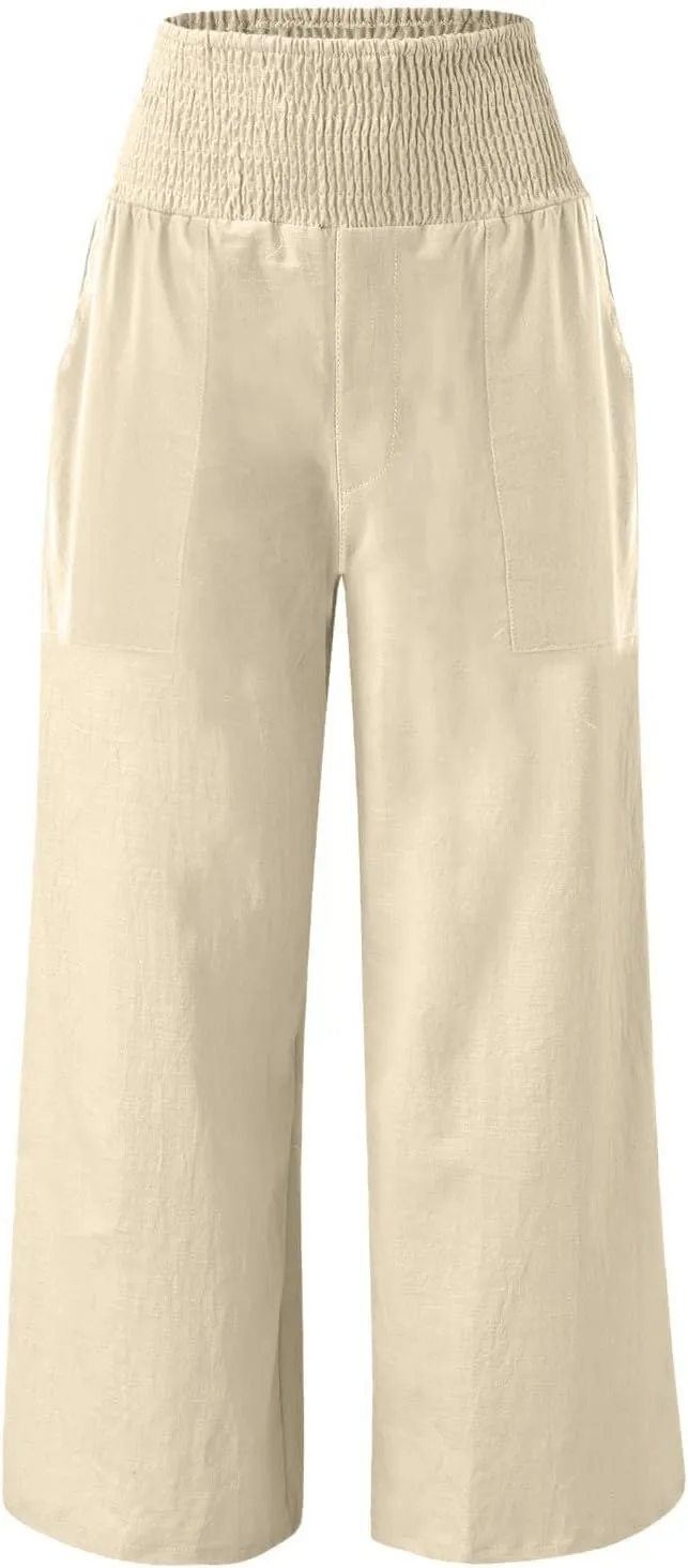 Womens Summer Cotton Linen Palazzo Pants Casual Drawstring Elastic Waist Wide Leg Trousers Beach Vacation Outfits