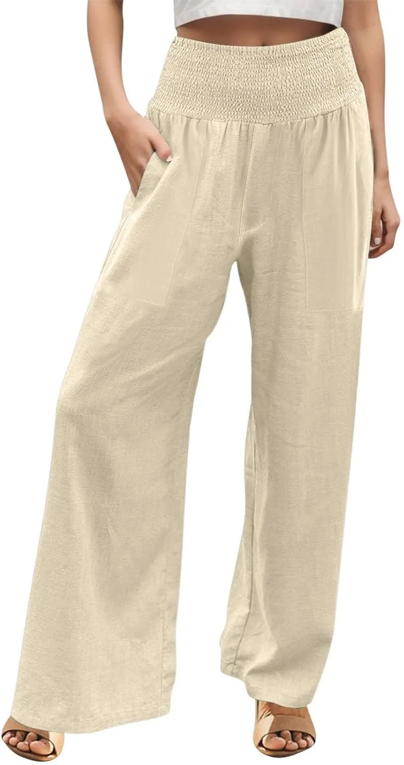 Womens Summer Cotton Linen Palazzo Pants Casual Drawstring Elastic Waist Wide Leg Trousers Beach Vacation Outfits