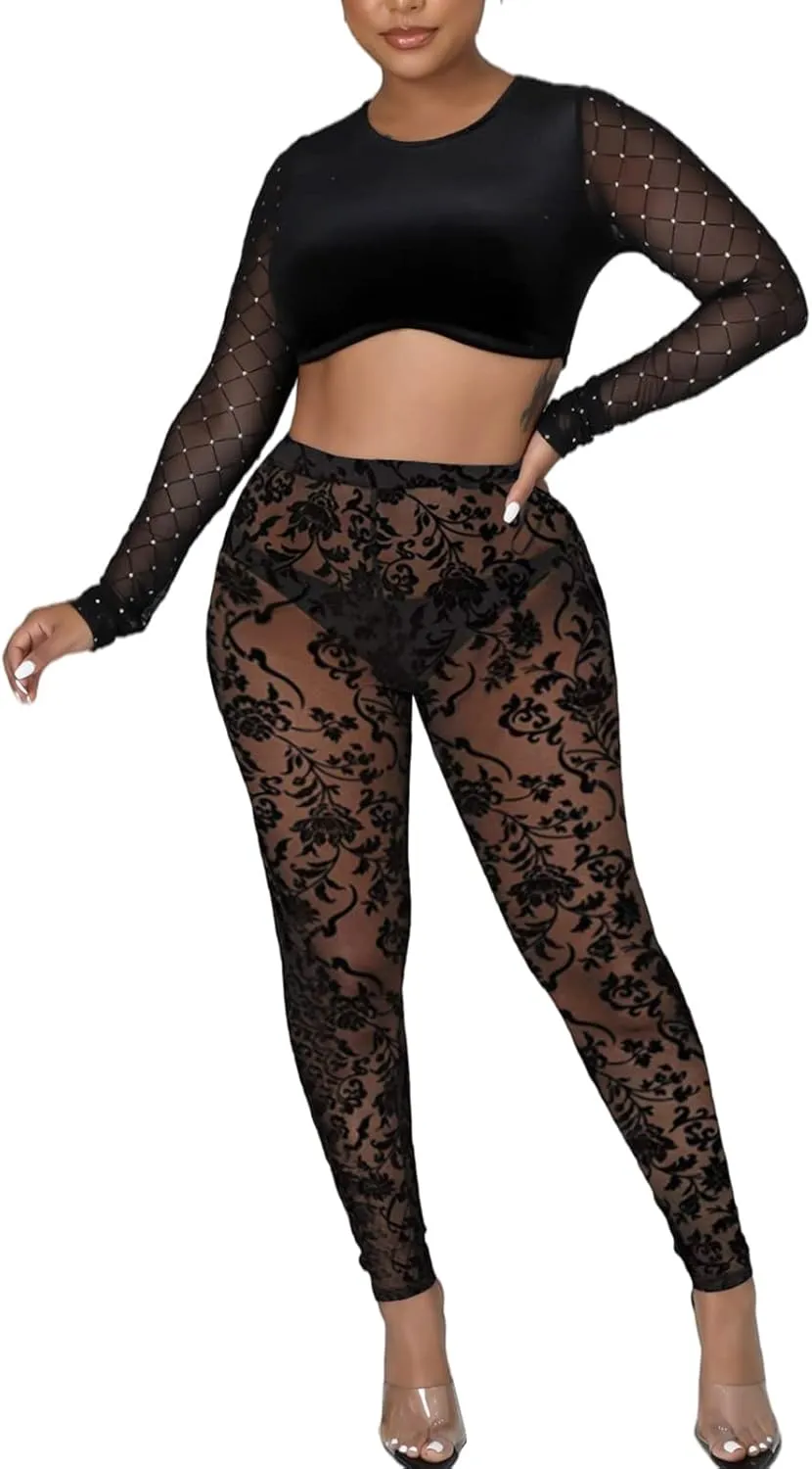 Women's Tie Dye Mesh Legging - High Waist Sheer Pantihose Long Pants Stretchy Tights Clubwear Closed Toe