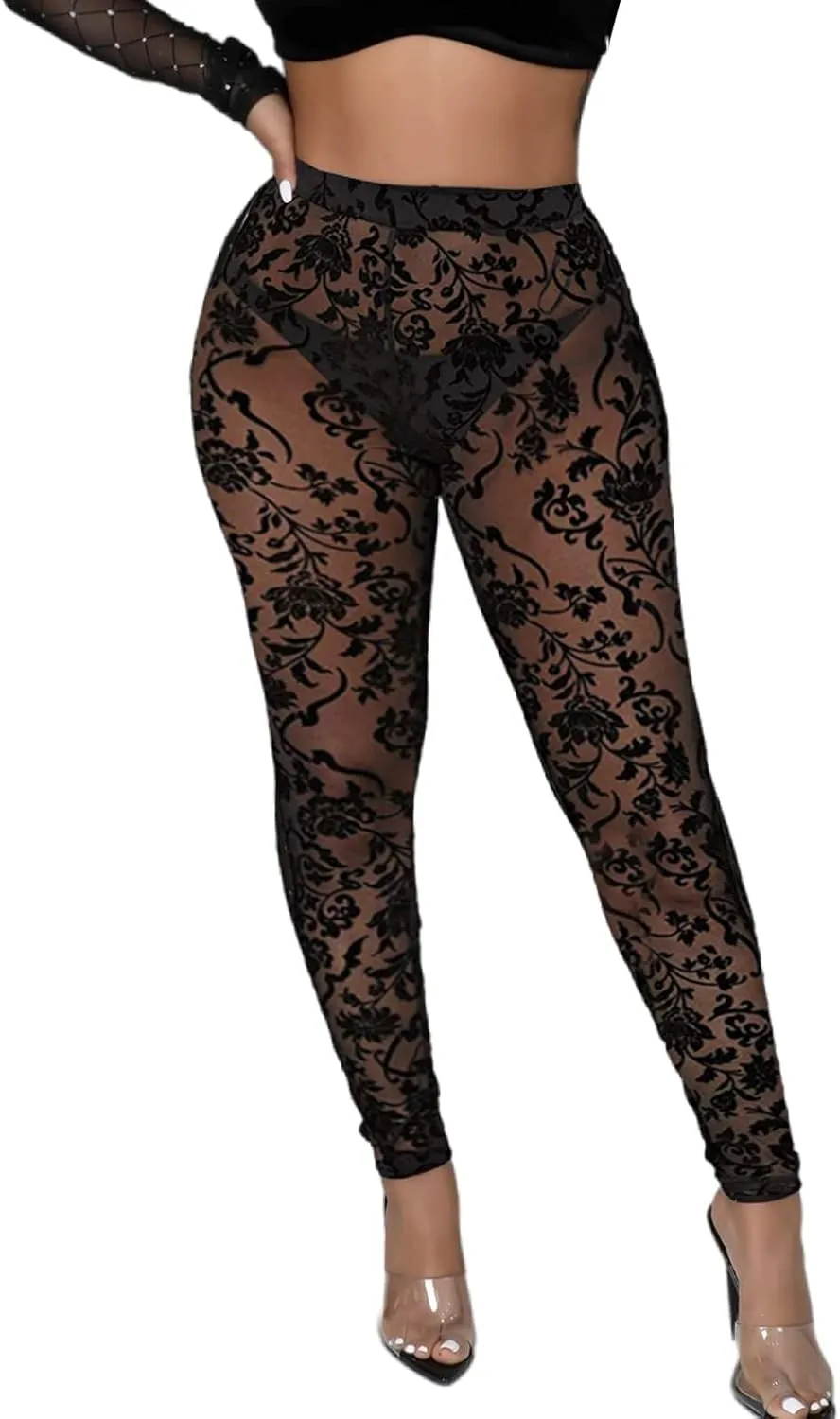 Women's Tie Dye Mesh Legging - High Waist Sheer Pantihose Long Pants Stretchy Tights Clubwear Closed Toe