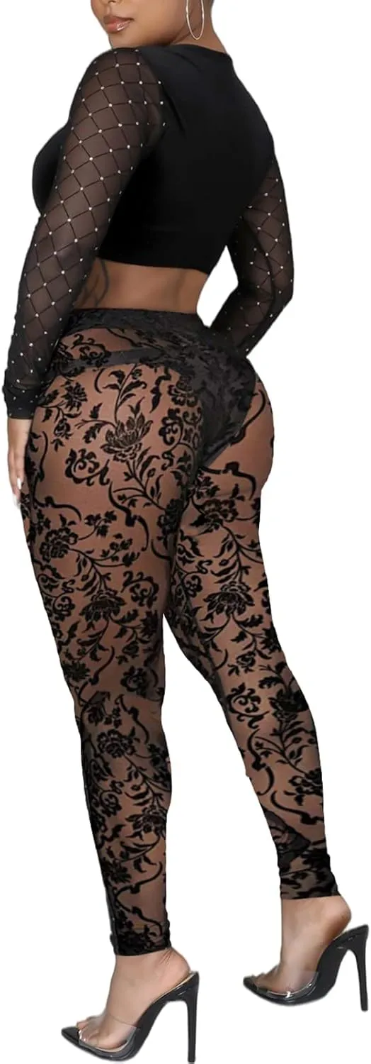 Women's Tie Dye Mesh Legging - High Waist Sheer Pantihose Long Pants Stretchy Tights Clubwear Closed Toe