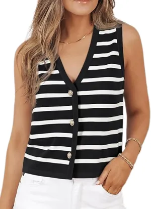 Womens Vests Tops for Women Casual V Neck Sleeveless Striped Knit Sweater