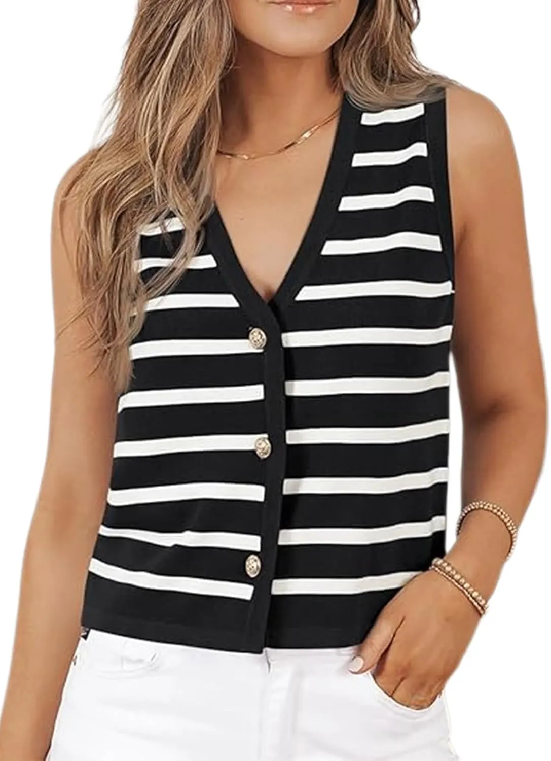 Womens Vests Tops for Women Casual V Neck Sleeveless Striped Knit Sweater