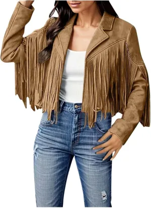 Womens Vintage Fringe Faux Suede Leather Cropped Jackets Fall Winter Motorcycle Moto Biker Short Open Front Tassel Coat