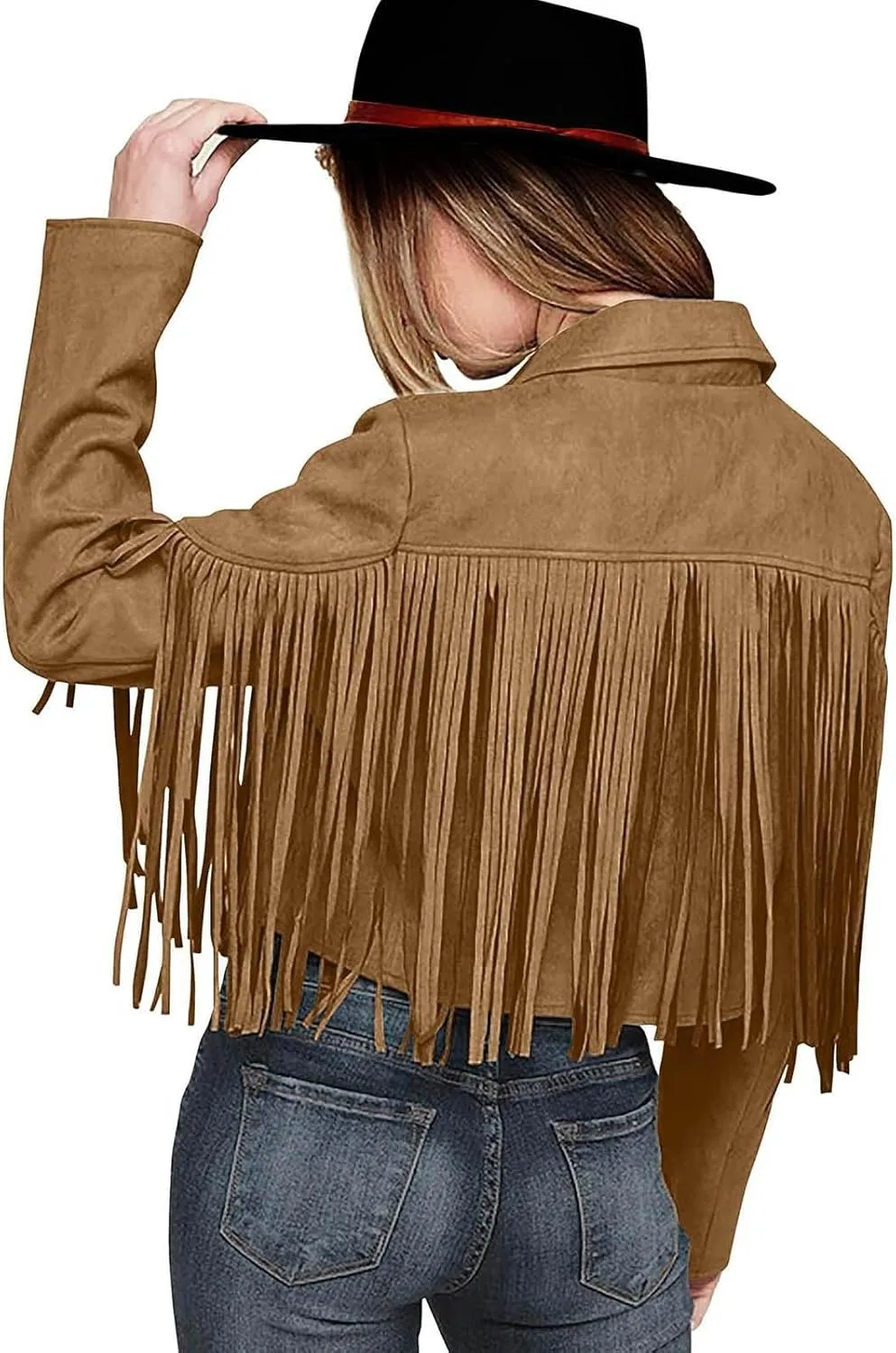 Womens Vintage Fringe Faux Suede Leather Cropped Jackets Fall Winter Motorcycle Moto Biker Short Open Front Tassel Coat