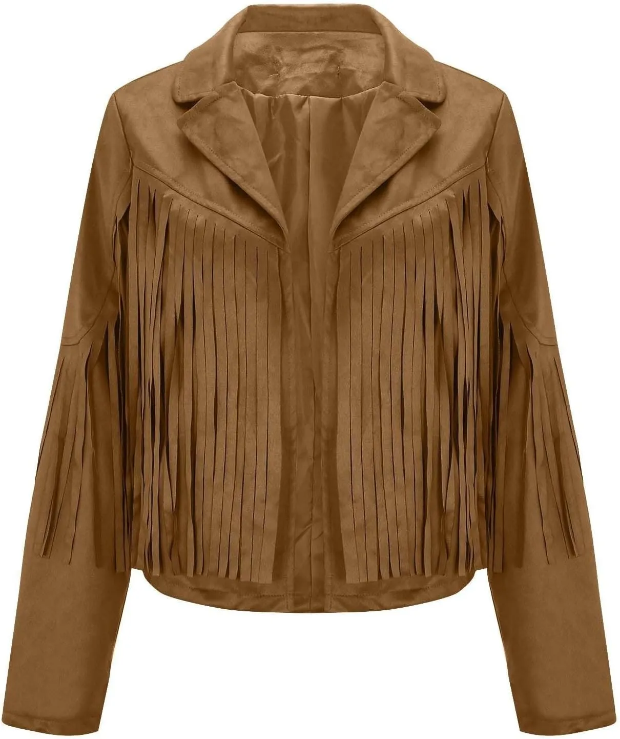 Womens Vintage Fringe Faux Suede Leather Cropped Jackets Fall Winter Motorcycle Moto Biker Short Open Front Tassel Coat