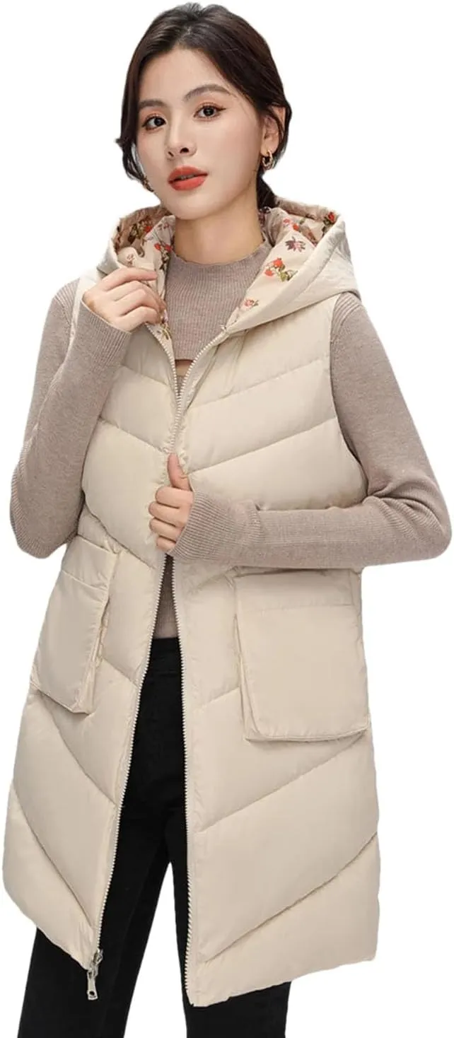 Womens Winter Down Cotton Vest Coat Long Hooded Cotton-Padded Waistcoat Sleeveless Reversible Padded Puffer Jackets