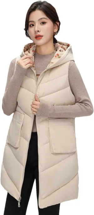 Womens Winter Down Cotton Vest Coat Long Hooded Cotton-Padded Waistcoat Sleeveless Reversible Padded Puffer Jackets