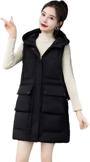 Womens Winter Down Cotton Waistcoat Casual Hooded Cotton-Padded Vest Coat Sleeveless Jacket Long Warm Parkas