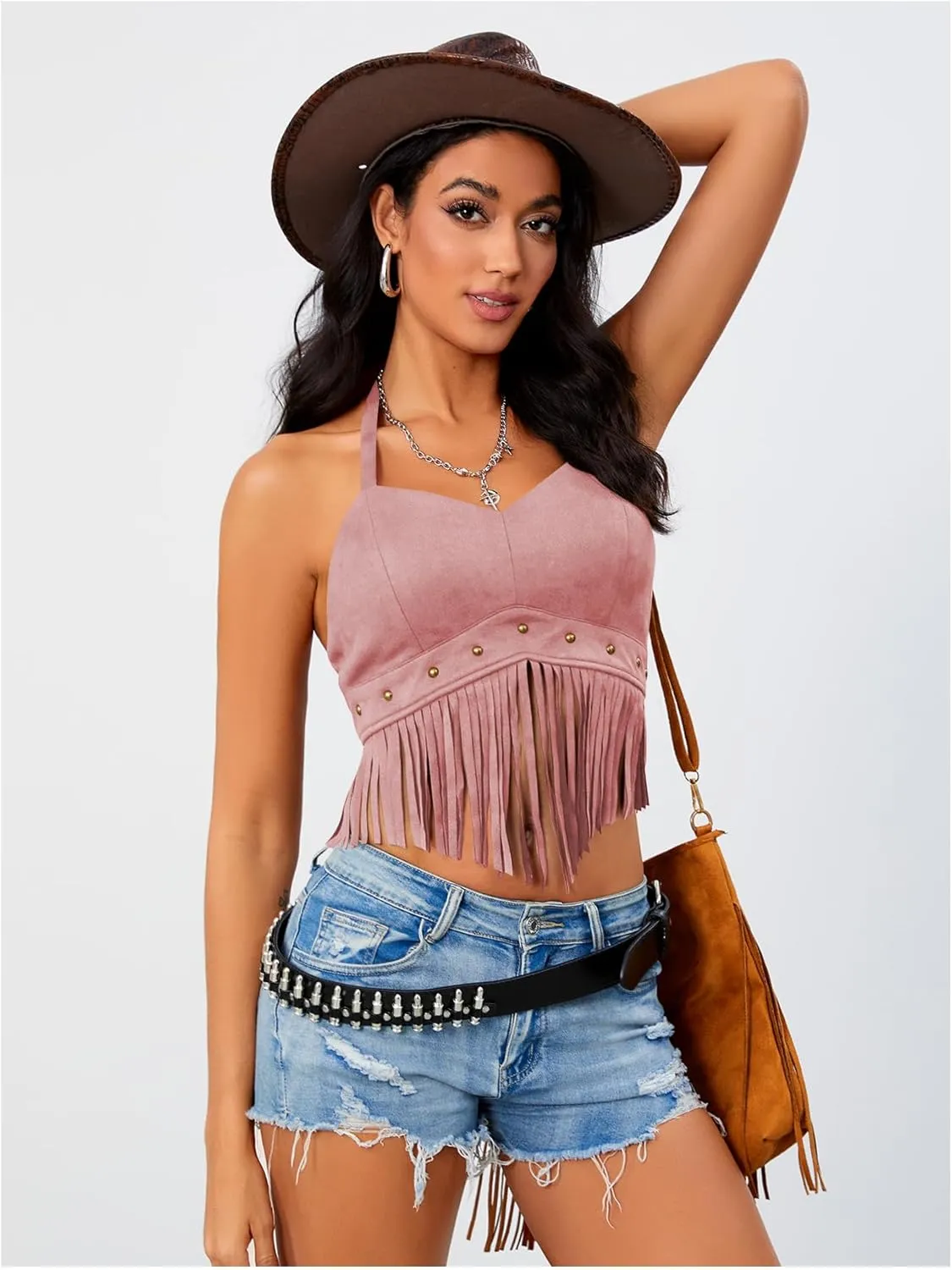 Women's Y2K Fringe Halter Western Cowgirl Tie Tank Top Tassel Rivet Faux Suede Hippie Crop Top 70s 60s Vintage