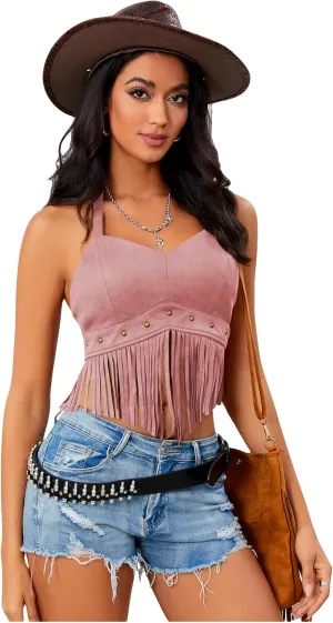 Women's Y2K Fringe Halter Western Cowgirl Tie Tank Top Tassel Rivet Faux Suede Hippie Crop Top 70s 60s Vintage