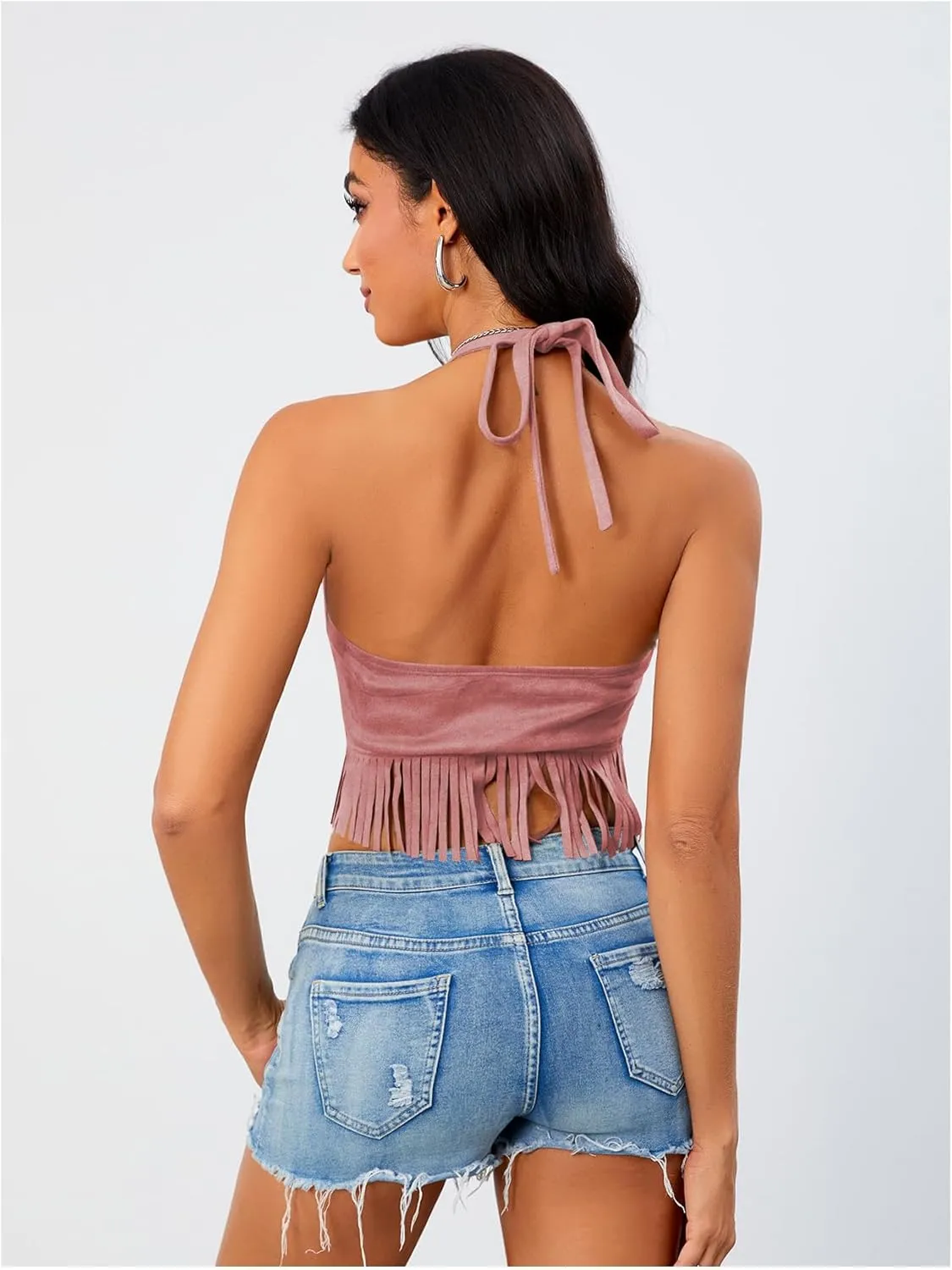 Women's Y2K Fringe Halter Western Cowgirl Tie Tank Top Tassel Rivet Faux Suede Hippie Crop Top 70s 60s Vintage