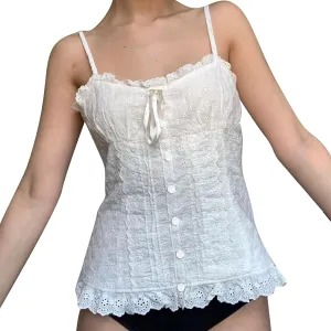 Women's Y2K Lace V Neck Camis Spaghetti Strap Cami Crop Top Split Hem Tank Top Cute Fairy Lace Trim Camisole