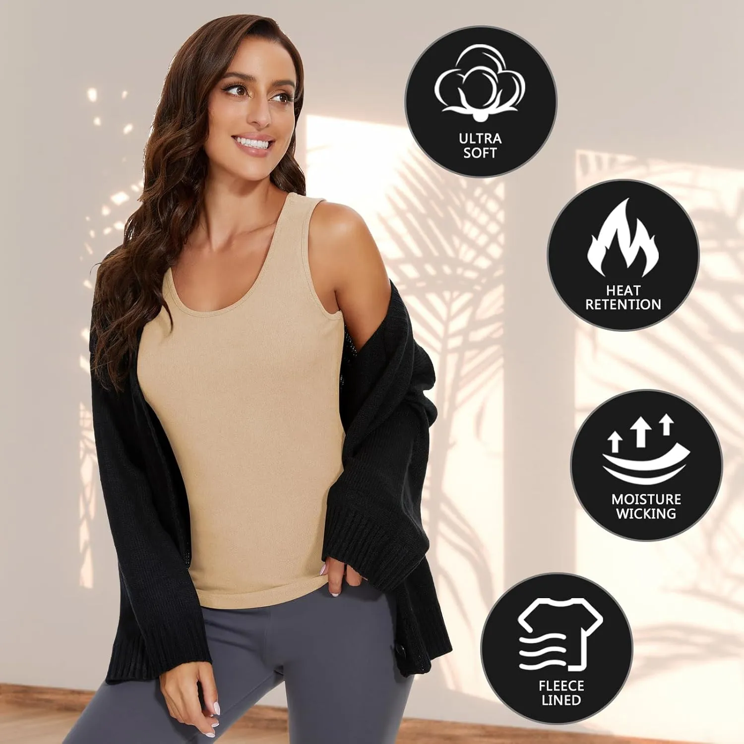 WOWENY Women Sleeveless Thermal Tank Top for Cold Weather Fleece Lined Underwear Top Warm Camisole Base Layer Vest Lingerie