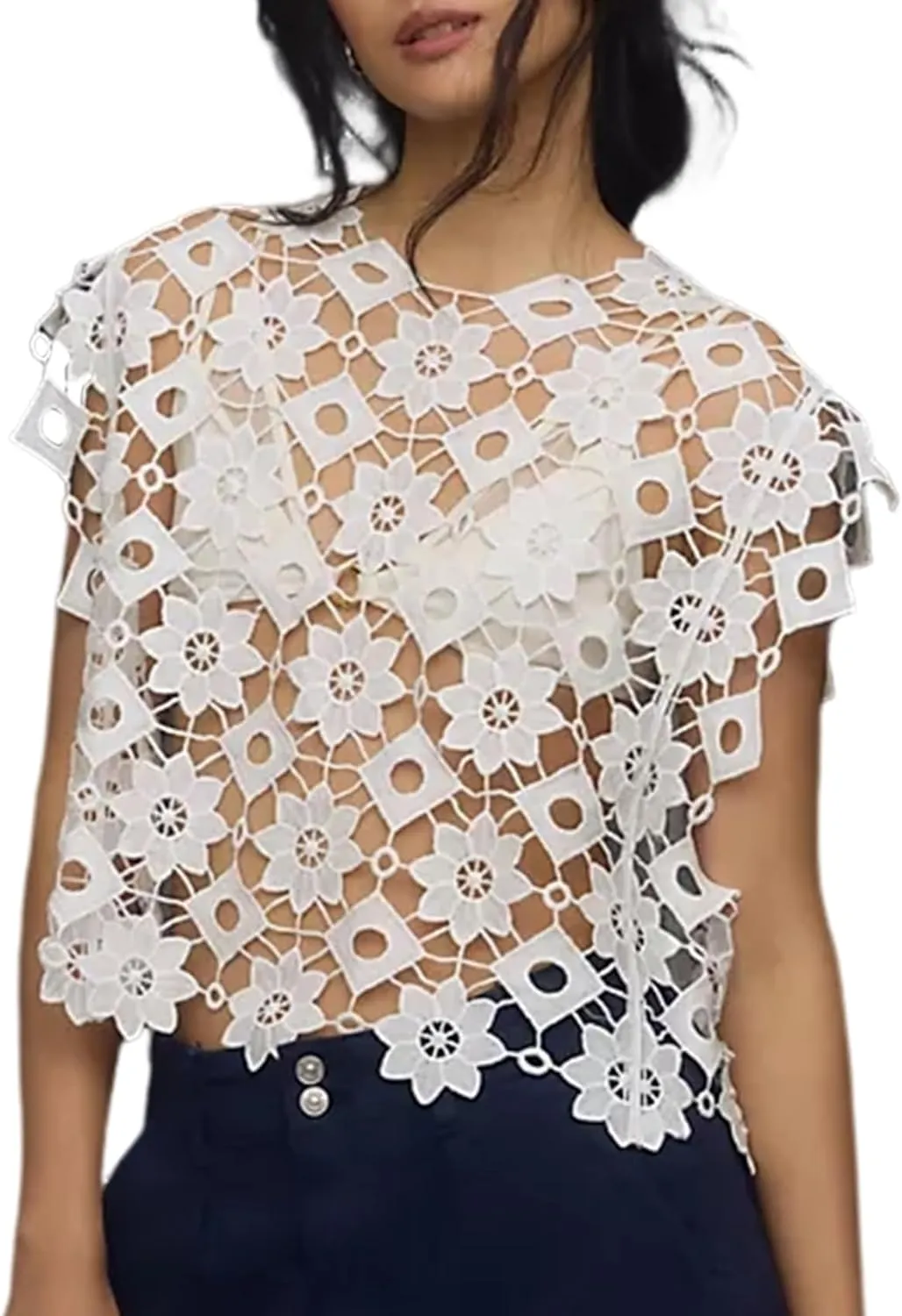 Wyeysyt Women's Hollow Out Floral Lace Vest Sleeveless Crewneck Crochet Cover Up Summer Cropped Going Out Tops