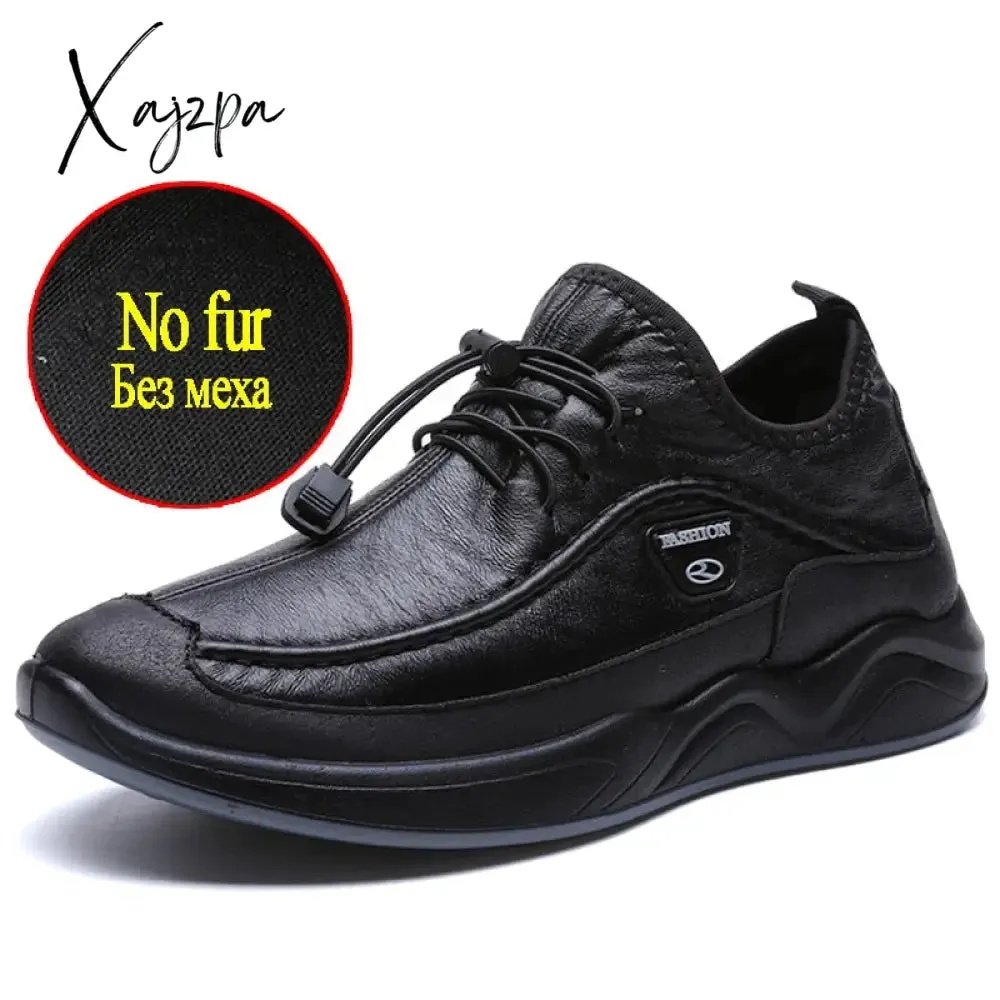 Xajzpa - Brand Winter Men's Boots Leather Snow Boots Man Plush Warm Causal Shoes Waterproof Men Boots Lace Up Male Sneakers Spring