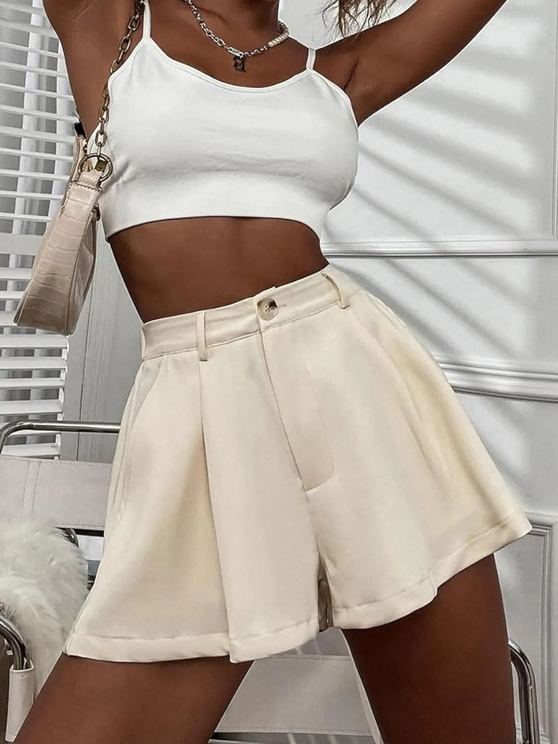 XinYangNi Women's Casual Elastic High Waisted Wide Leg Flowy Shorts Pleated Dressy Summer Shorts