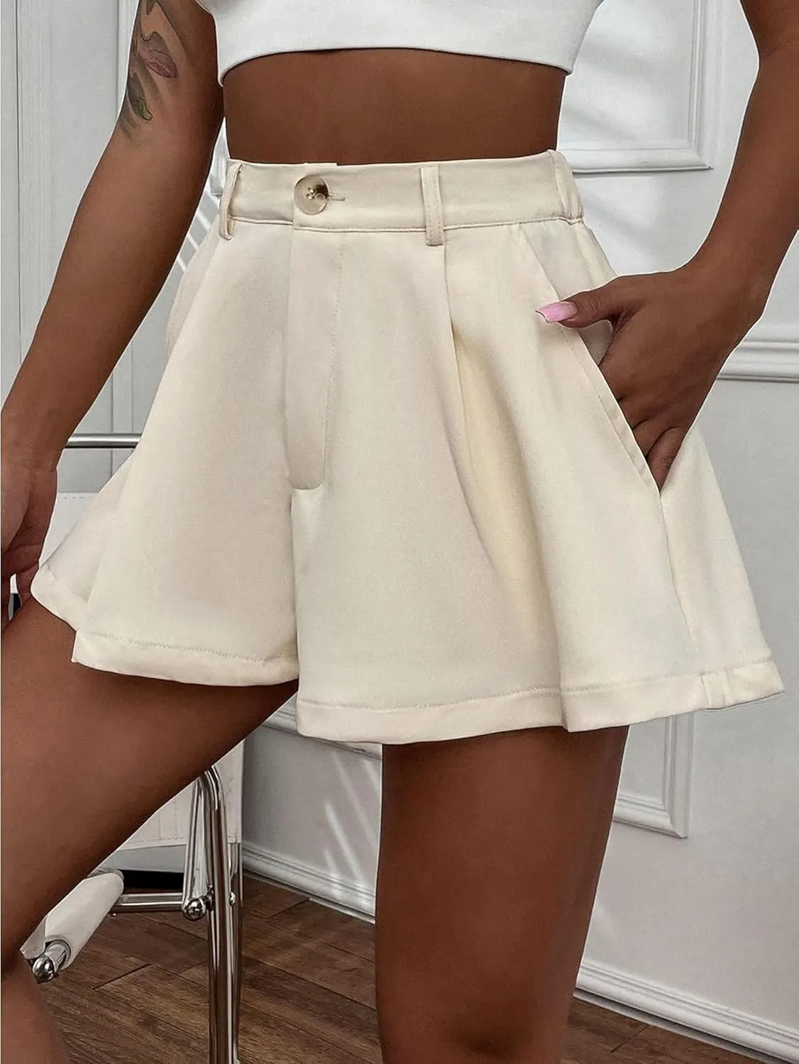 XinYangNi Women's Casual Elastic High Waisted Wide Leg Flowy Shorts Pleated Dressy Summer Shorts