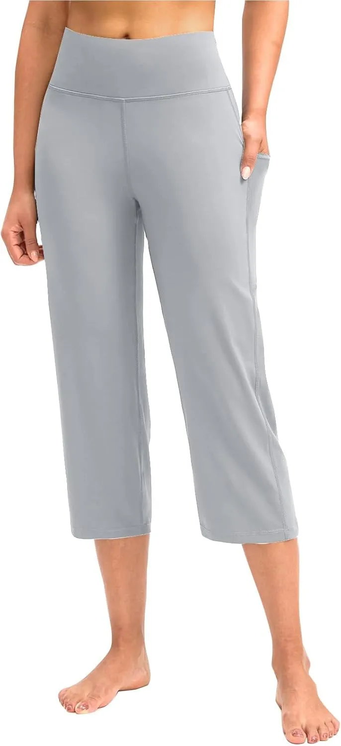 XUNRYAN Womens Capri Leggings Yoga Pants High Waist Crop Athletic Workout Gym Straight Leg Trousers Activewear with Pockets