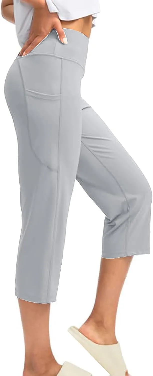 XUNRYAN Womens Capri Leggings Yoga Pants High Waist Crop Athletic Workout Gym Straight Leg Trousers Activewear with Pockets