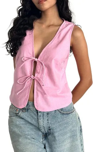 Y2K Sleeveless Tie Front Top for Women Deep V-Neck Lace Up Bow Tank Tops Summer Vintage Vest Crop Top