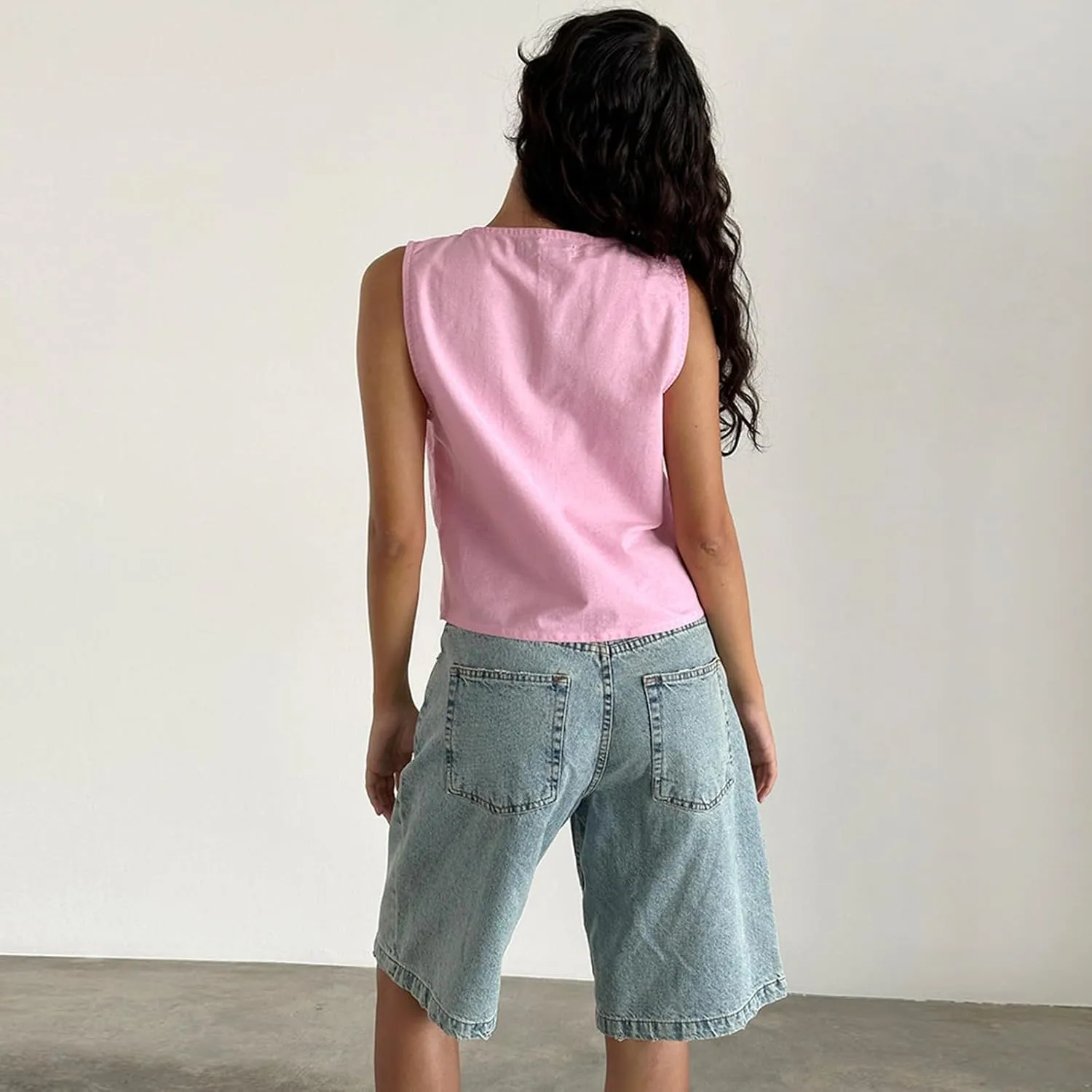 Y2K Sleeveless Tie Front Top for Women Deep V-Neck Lace Up Bow Tank Tops Summer Vintage Vest Crop Top