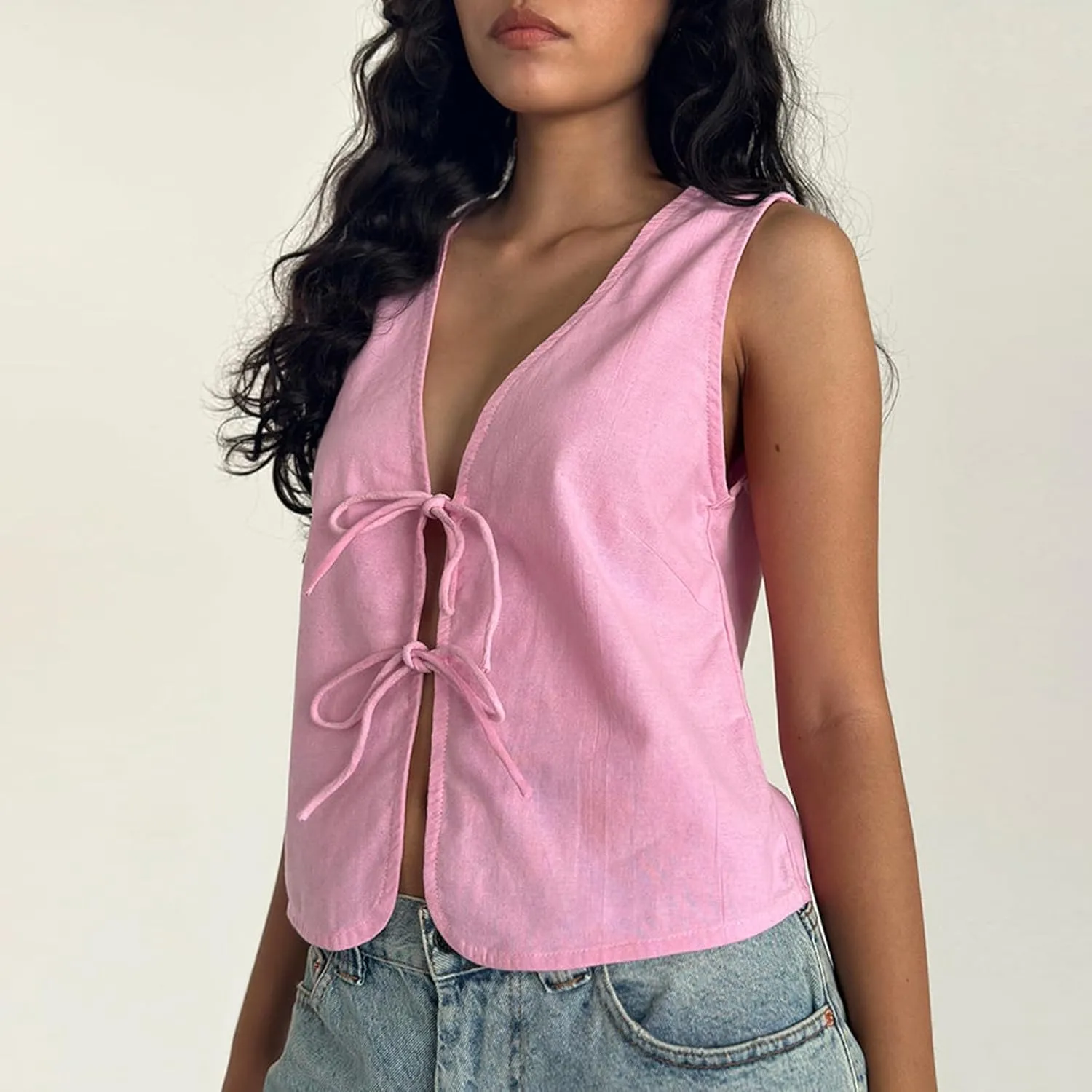 Y2K Sleeveless Tie Front Top for Women Deep V-Neck Lace Up Bow Tank Tops Summer Vintage Vest Crop Top