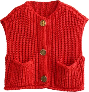 YKR Womens Chunky Knit Sweater Vest Sleeveless Button Down Cropped Cardigan Casual Knitted Crochet Vest with Pockets
