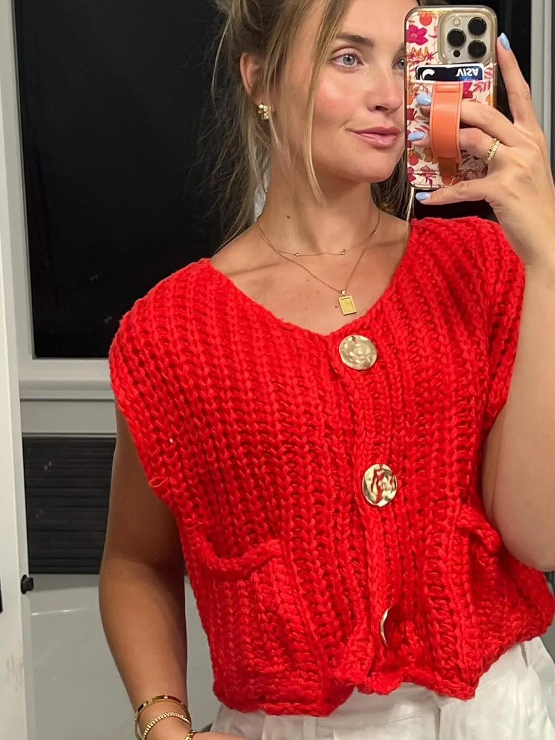 YKR Womens Chunky Knit Sweater Vest Sleeveless Button Down Cropped Cardigan Casual Knitted Crochet Vest with Pockets