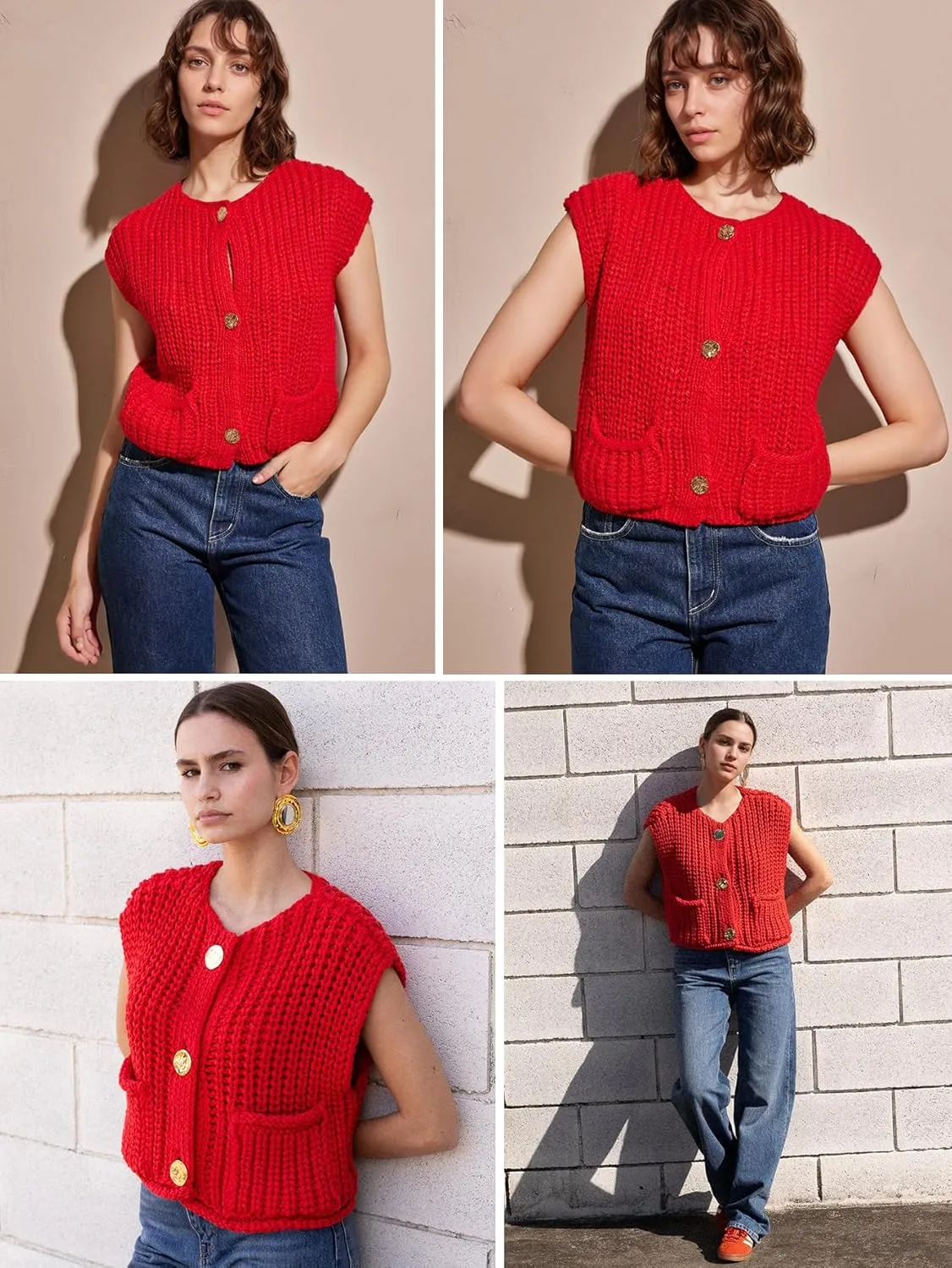YKR Womens Chunky Knit Sweater Vest Sleeveless Button Down Cropped Cardigan Casual Knitted Crochet Vest with Pockets