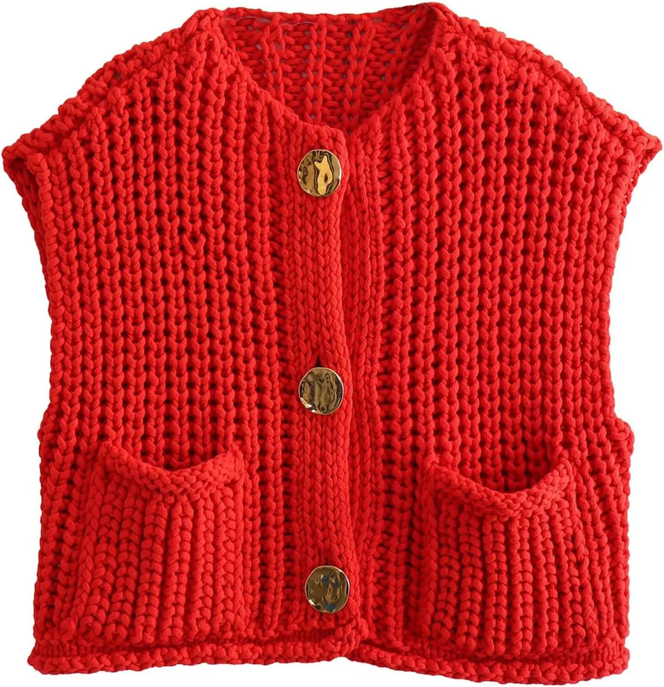 YKR Womens Chunky Knit Sweater Vest Sleeveless Button Down Cropped Cardigan Casual Knitted Crochet Vest with Pockets