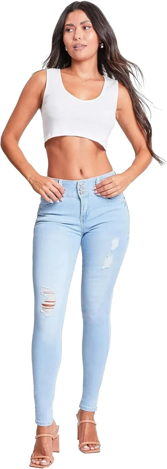 YMI Womens 3-Button High-Rise Skinny Jean Made with Recycled Fibers