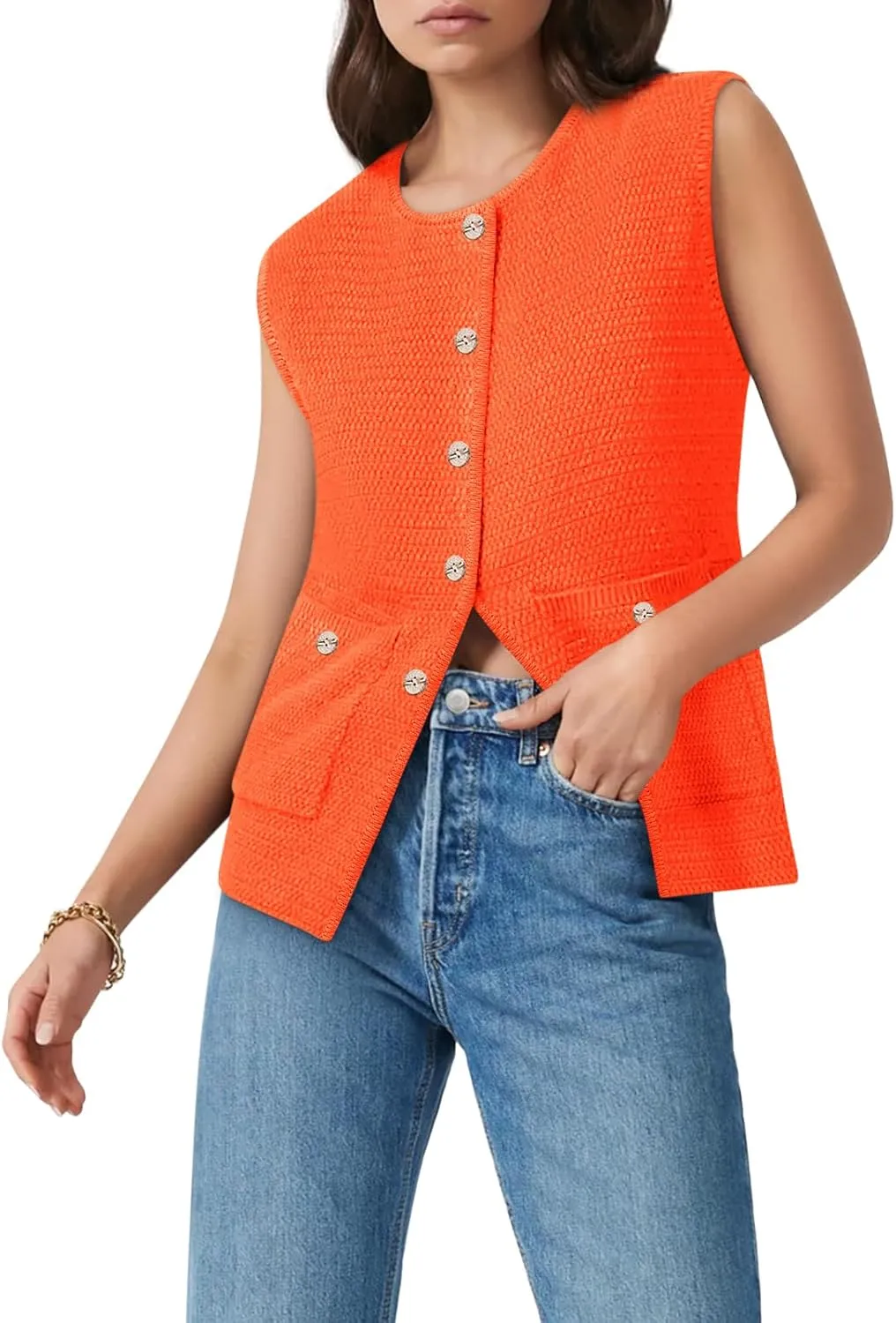Yousify Womens Sweater Vest Sleeveless Button Down Round Neck Knitted Tank Tops Casual Cardigan for Women