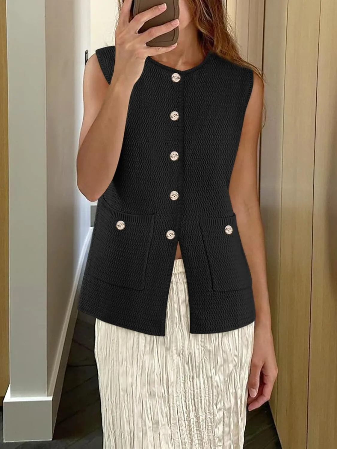 Yousify Womens Sweater Vest Sleeveless Button Down Round Neck Knitted Tank Tops Casual Cardigan for Women