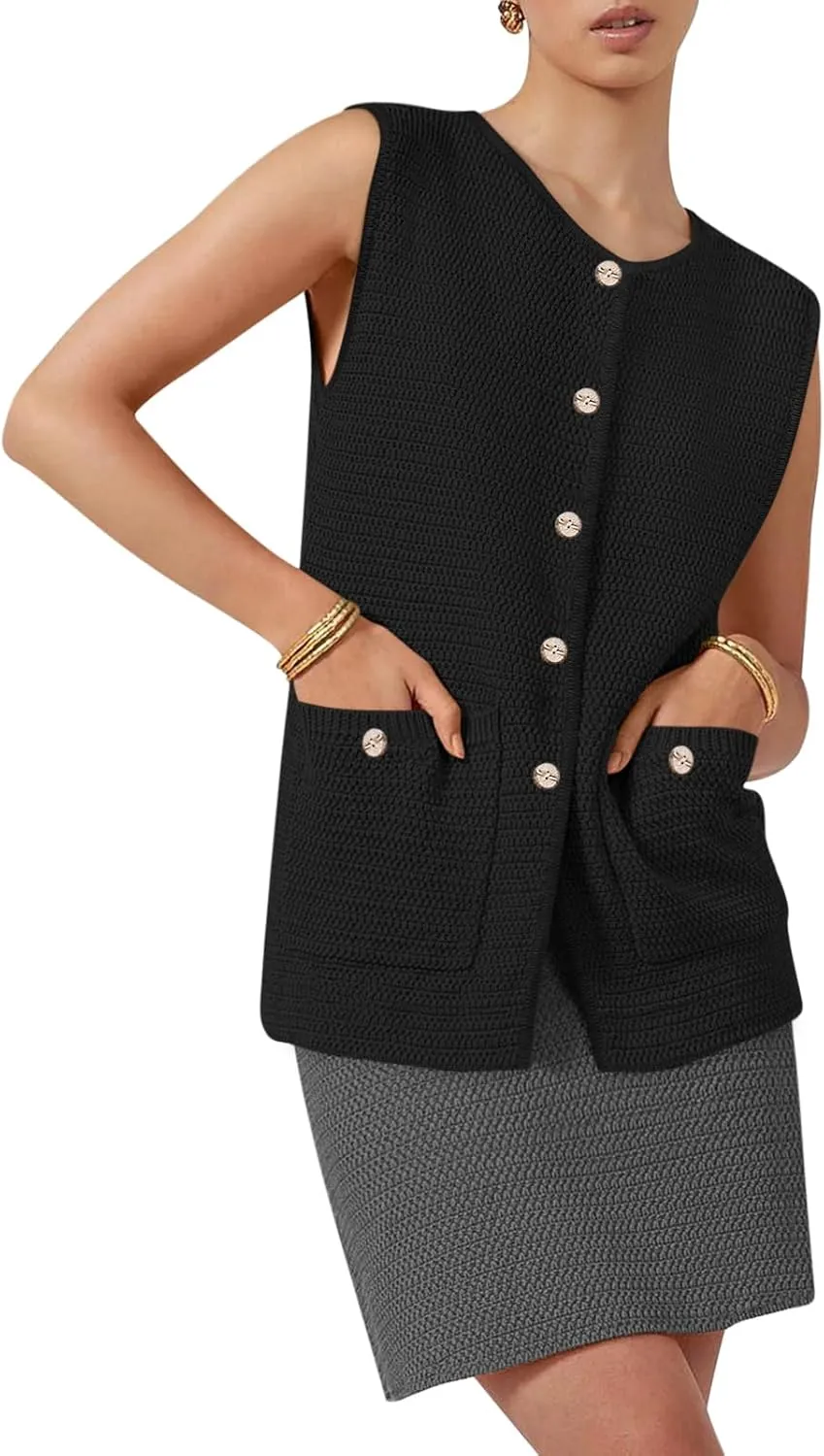 Yousify Womens Sweater Vest Sleeveless Button Down Round Neck Knitted Tank Tops Casual Cardigan for Women