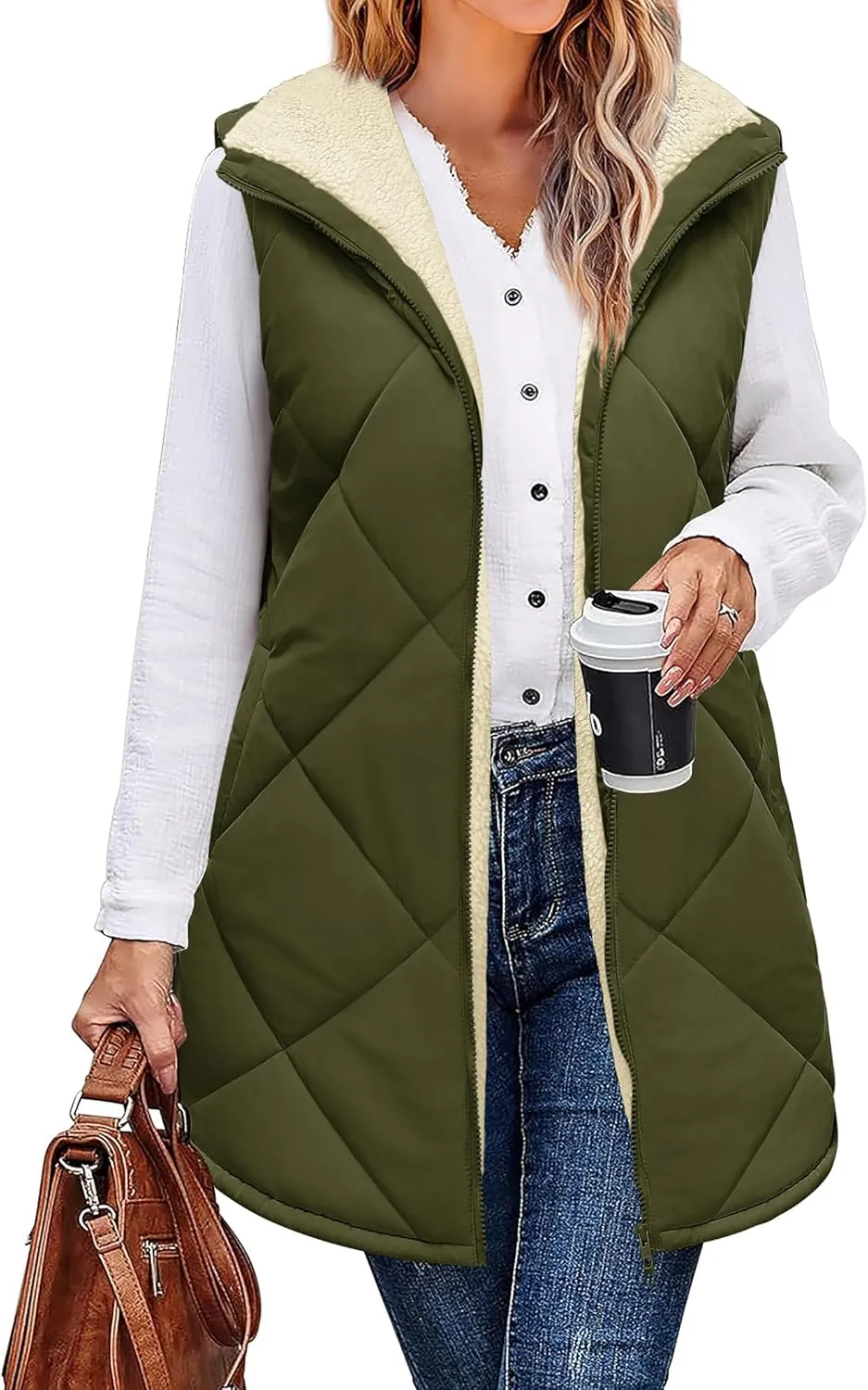 Zeagoo Womens 2025 Reversible Vest Sleeveless Fleece Jacket Double Zip Up Long Warm Winter Coat Outerwear with Pockets