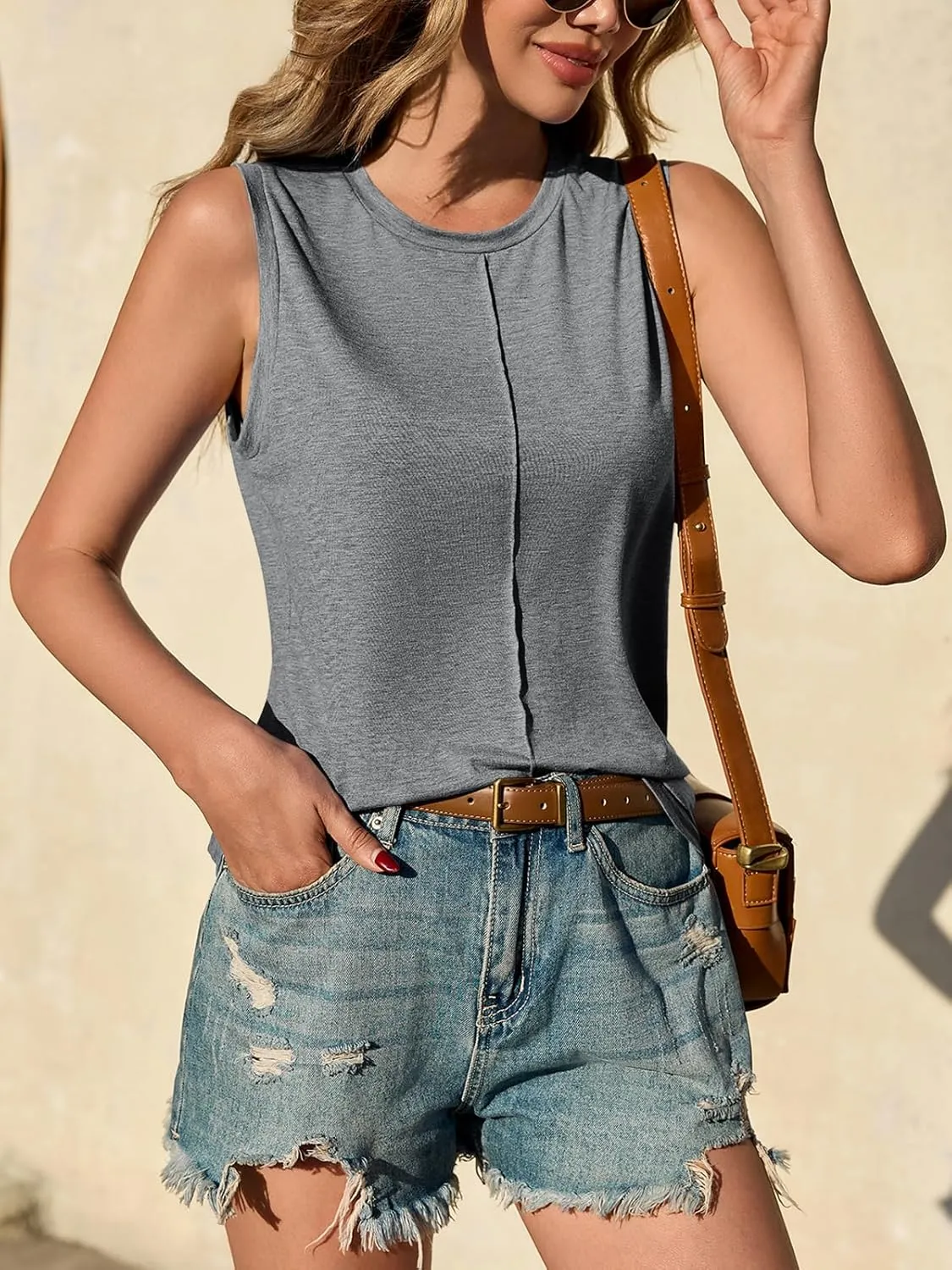 ZIWOCH Womens Tank Tops Crew Neck Sleeveless Tshirts Solid Color Casual Loose Fit Tee Shirts