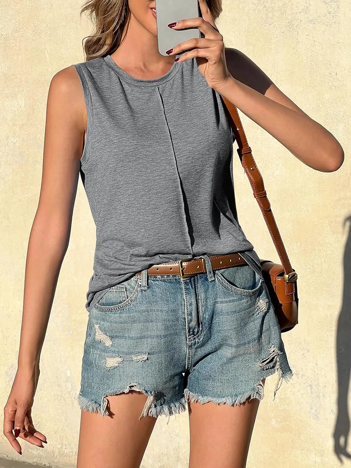 ZIWOCH Womens Tank Tops Crew Neck Sleeveless Tshirts Solid Color Casual Loose Fit Tee Shirts