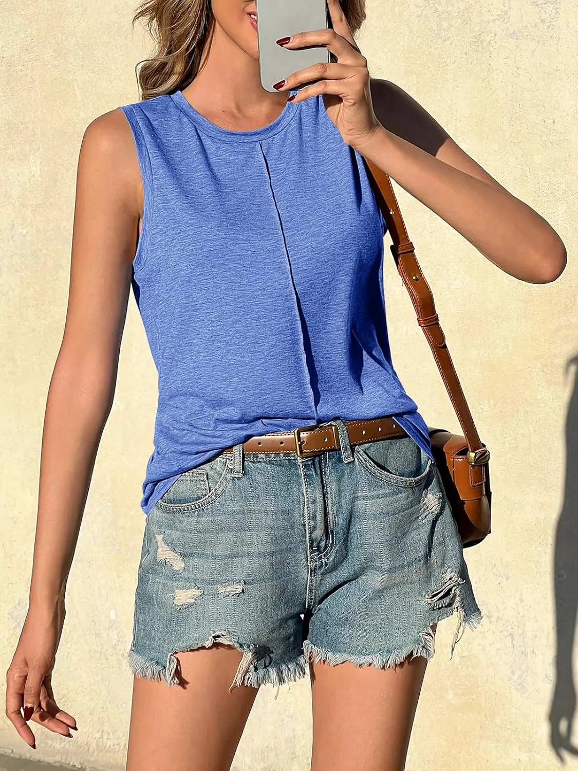 ZIWOCH Womens Tank Tops Crew Neck Sleeveless Tshirts Solid Color Casual Loose Fit Tee Shirts