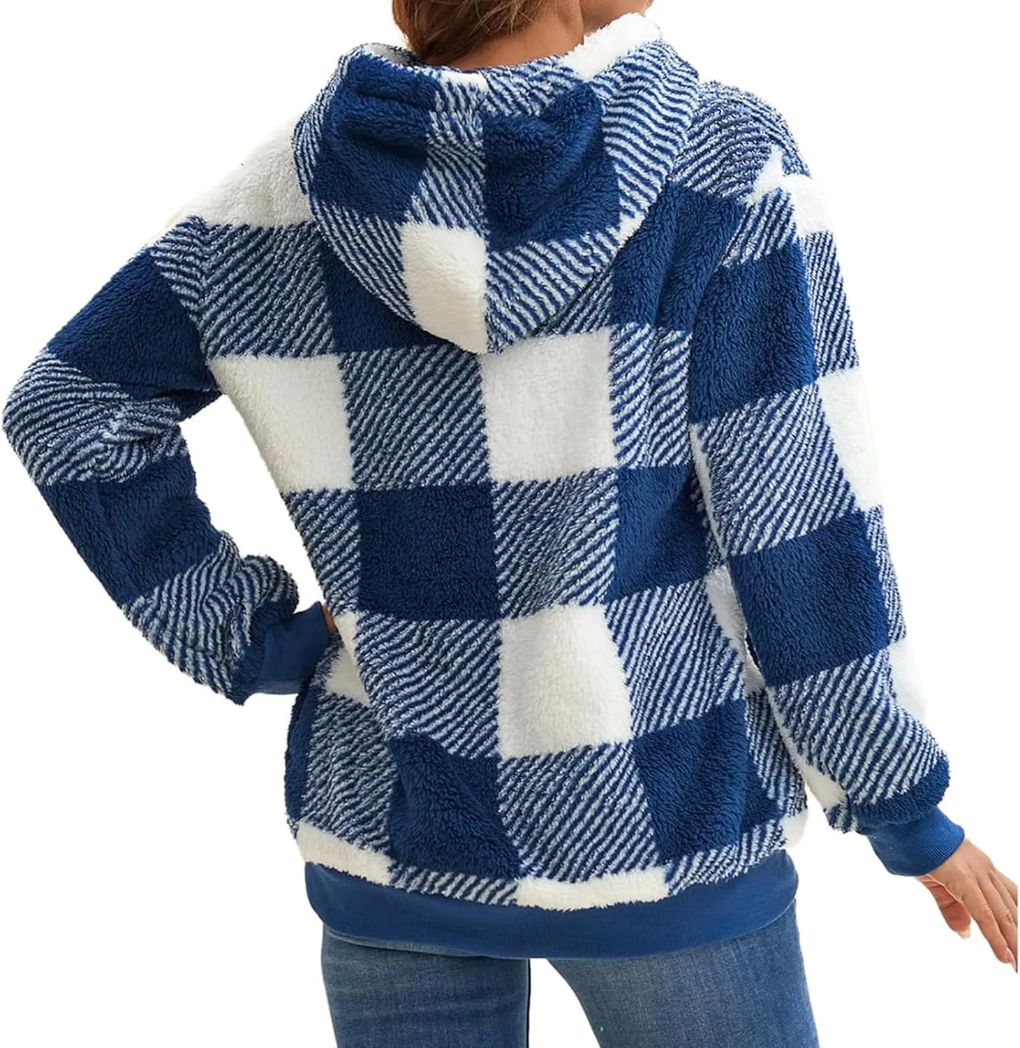 ZWRXW Womens Oversized Sherpa Hoodies Drawstring Fuzzy Fleece Hoodie Sweatshirts Fluffy Buffalo Plaid Outerwear with Pockets